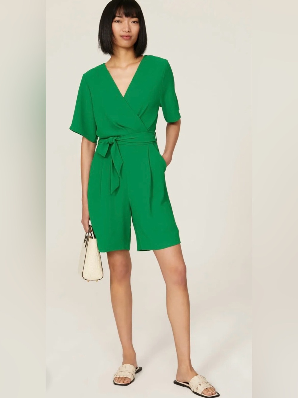 Tara Jarmon Calia Emerald Wrap Romper V Neck Shirt sleeve Small